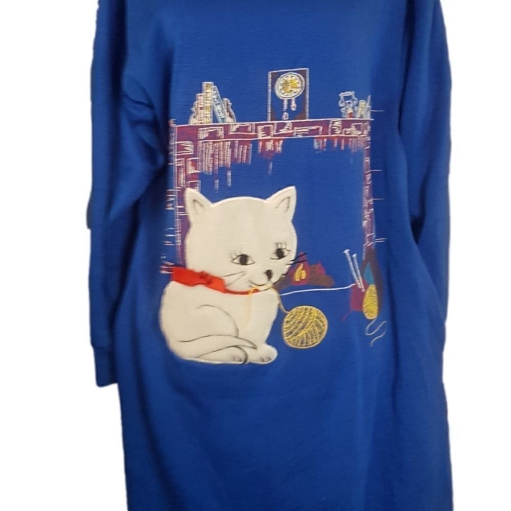 Fuzzy 80s Vintage Kitty Sweatshirt Nightie Dress Sweater Cozy Blue Cats Dress